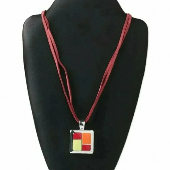 Mid Century Style Citrus and Silver Enameled Pendant Necklace - Picture 1 of 1